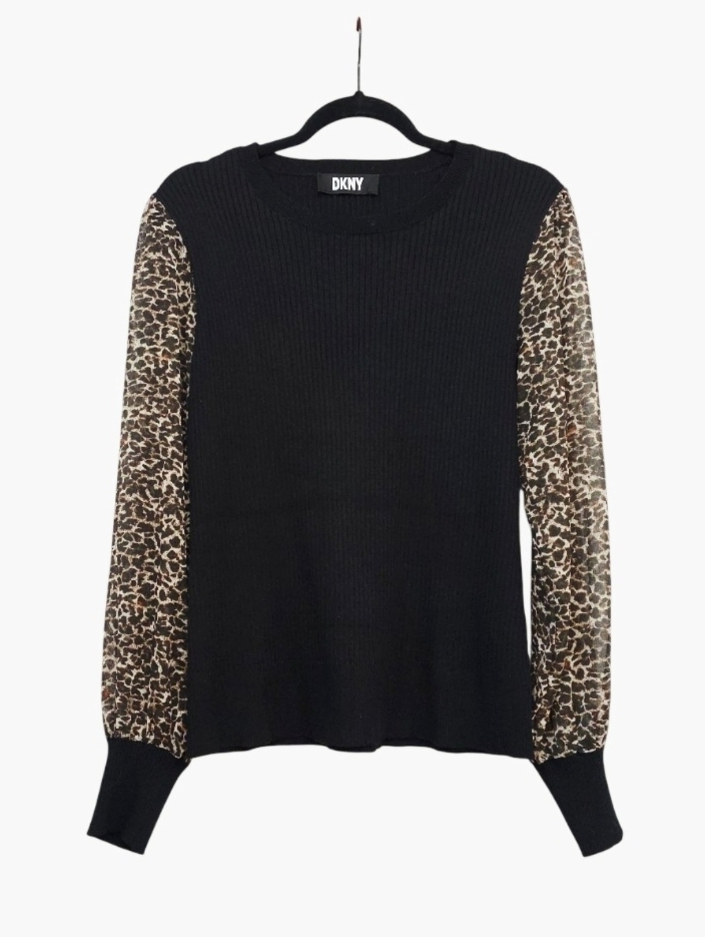 DKNY Black Ribbed Knit Sweater with Leopard Sheer Sleeves, Size M/L, EUC